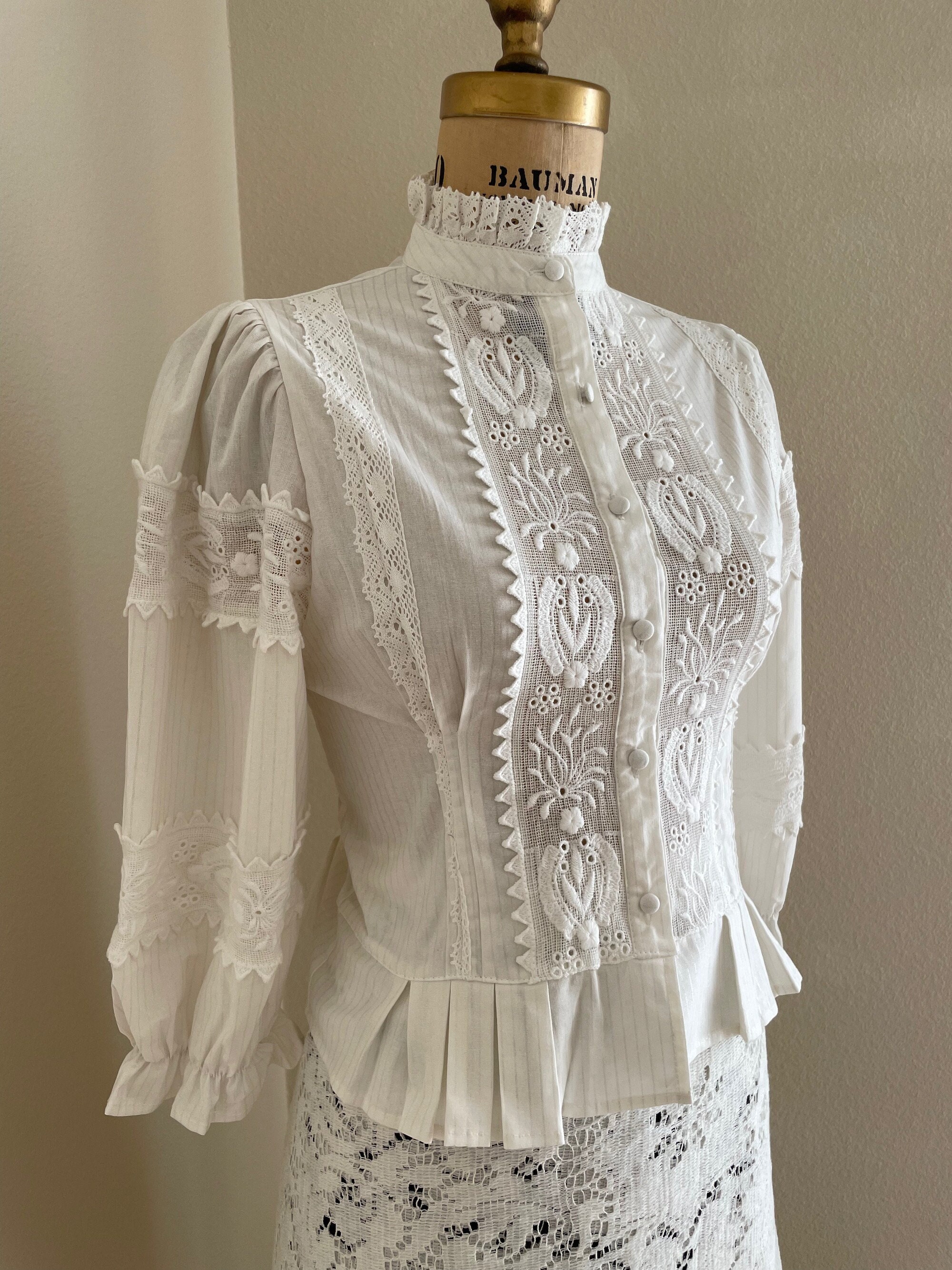 White Cotton Blouse, Crochet Blouse, Puff Sleeve Blouse With White Cotton Blouse, Crochet Blouse, Puff Sleeve Blouse With