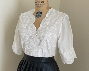 vintage button up, Boho Blouse, Eyelet Blouse, White Cotton Blouse, Cottagecore Blouse, Victorian Blouse, Embroidered Blouse, Edwardian Top