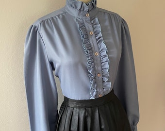 Womens 60s Blue Ruffle Blouse, Large, Ruffled Blouse, High Neck Blouse, Lolita Fashion, Button Up Shirt, Sexy Secretary, Mistress Top