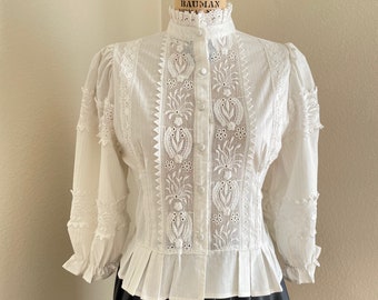 White Cotton Blouse with Crochet & Lace Trim Size S /M /L ~ Vintage Womens Lace Gothic Victorian Ruffle Blouse Shirt - Renisance Edwardian