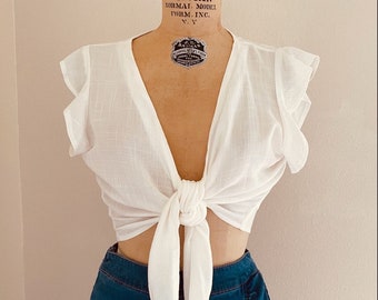 Romantic Off White Ruffle Crop Top, Tie Front Crop Top, Linen Crop Top, Ruffle Crop Top, Ruffle Blouse, Boho Crop Top, Ruffle Shirt