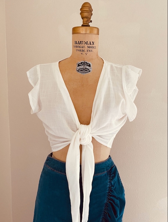 Romantic Off White Ruffle Crop Top, Tie Front Crop