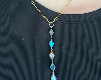 Minimalist Y Necklace with Multi Color Diamond Czech Glass Beads, 14&quot; Stainless Steel Chain, Sparkle Gift for Her, Festival Necklace, Trendy