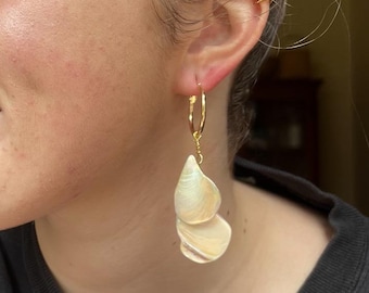 iridescent shell earrings, gold hoops, beachy jewelry, handmade, lightweight, coastal vibe, natural shells, unique, summer style