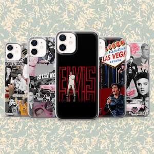 May include: A selection of phone cases showcasing images of Elvis Presley. The cases feature various images of the singer, including performance shots, the Las Vegas sign, and text that reads "Elvis" and "Rock 'N' Roll". The cases have a clear, glossy finish.