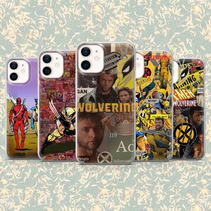 May include: Five phone cases featuring comic book art. The cases display images of Wolverine, Deadpool, and other Marvel characters. The cases have a clear, glossy finish and are designed to fit a smartphone.