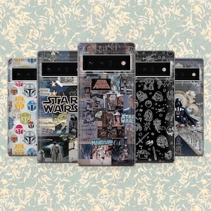 May include: Five phone cases with Star Wars-themed designs. The cases feature images of characters, logos, and text, including "STAR WARS" and "MANDALORIAN". The cases have a variety of colors, including black, white, yellow, and blue. The background is a light green floral pattern.