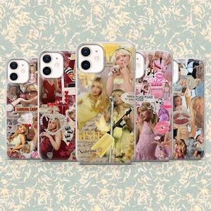 Peut inclure: Cinq coques de téléphone transparentes avec des motifs de collage mettant en vedette une femme blonde. Les coques présentent des photos, du texte et des illustrations. Le texte comprend "SABRINA CARP" et "SHOL PLEASE PLEASE".