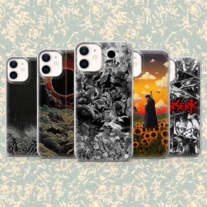 May include: Five phone cases with different graphic designs. The cases display illustrations in black and white, and full colour. The designs include a dark landscape, a red and orange celestial scene, and a figure in a field of sunflowers.