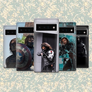 May include: A collection of phone cases featuring images of a character in various action poses. The cases display the character in a black outfit, holding a gun, and with a shield. The cases have a white border.
