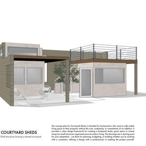 May include: Architectural rendering of a modern courtyard shed design. The image shows two structures with a shared courtyard, a rooftop deck, and large windows. The text reads "01 COURTYARD SHEDS" and describes the design as a solution for adding living space.