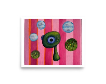 Pode incluir: Uma pintura abstrata com uma figura verde, semelhante a um alienígena, com um grande olho azul sobre um fundo listrado rosa e laranja. A obra de arte inclui formas flutuantes semelhantes a nuvens e manchas circulares de flores.