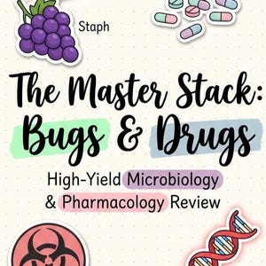 Puede incluir: Una pantalla de teléfono inteligente muestra un gráfico de revisión de microbiología y farmacología. El gráfico incluye ilustraciones de pastillas, bacterias, virus y el texto "The Master Stack: Bugs & Drugs."