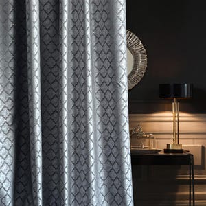 Silver Gray Jacquard Curtains: Art Deco Geometric Panel - Custom Length