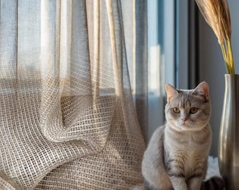 Cortinas personalizadas bege à prova de gatos: Cortinas transparentes extralargas resistentes a arranhões e garras.