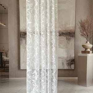 Custom Victorian Curl Embroidered White Lace Curtain: Luxury Sheer Voile Panel