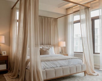 Handcrafted Cream Cotton Drapes for Four Poster Bed - Custom Muslin Sheer Curtains