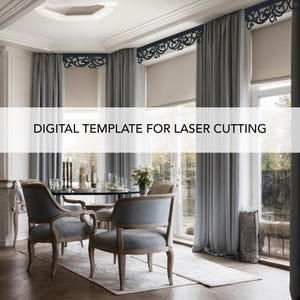 Puede incluir: Un comedor elegante con una mesa de cristal y sillas tapizadas. Cortinas grises enmarcan grandes ventanas, y paneles decorativos cortados con láser adornan los marcos. El texto "DIGITAL TEMPLATE FOR LASER CUTTING" se muestra en la imagen.