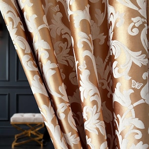 Vintage Gold Damask Curtain Panel: Custom Victorian Floral Drapes