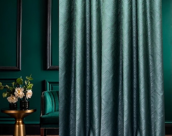 Luxury Art Deco Green Curtains - Custom Jacquard Blackout Drapes for Living Room & Bedroom