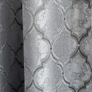 Silver Gray Geometric Jacquard Curtain Panel: Custom Mid Century Art Deco Drapery