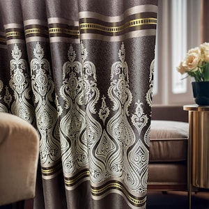 Custom Victorian Damask Curtain Panel: Brown Gold Floral Jacquard Drapes