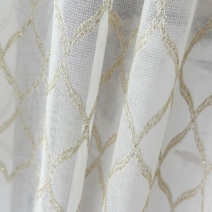Golden Embroidered Living Room Tulle Curtain: Art Deco Sheer Voile Panel