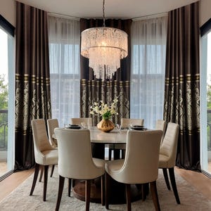 Victorian Damask Curtain Panel: Brown & Gold Jacquard Satin Drapes