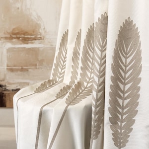 Linen Curtain Panel: Beige Leaf Embroidery, Custom Size Drape
