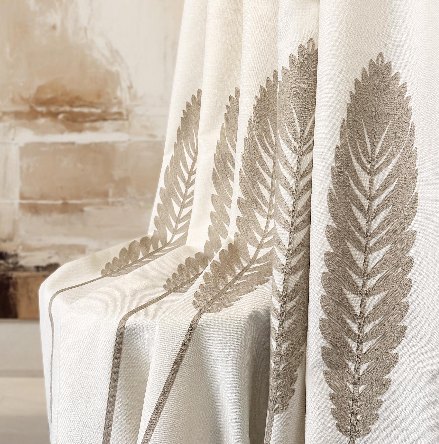 Luxury Linen Curtain Panel for Bedroom & Living Room, Beige Leaf Embroidered Curtains, Modern Custom Size Drape Grommet / Back Tab / Pleated