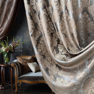 Luxury Damask Curtain Panel: Gold Gray Floral, Custom Victorian Drapes
