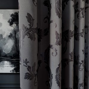 Custom Dark Graphite Gray Victorian Curl Cotton Drapery Panel - Blackout Option