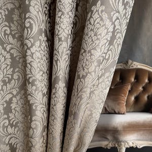 Handmade Beige Damask Curtain Panel: Victorian Floral Drapes, Custom Size