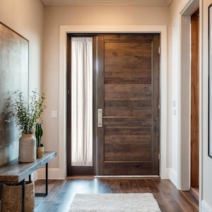 Puede incluir: Una puerta de entrada de madera oscura con tablones horizontales y un panel lateral con una cortina blanca. La puerta tiene un tirador plateado. El recibidor cuenta con un banco de madera y un jarrón decorativo.