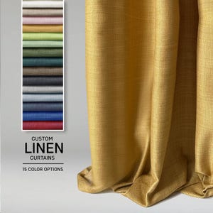 May include: Mustard yellow linen curtains with a textured weave. A color swatch displays 15 color options. The text reads "CUSTOM LINEN CURTAINS".