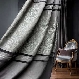 Gray Damask Curtain Panel: Jacquard Satin, Victorian Floral Drapes - Custom Size