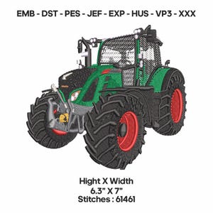 May include: An embroidered tractor design with a green and black body, red wheel rims, and large black tires. The design measures 16 cm x 18 cm and has 61461 stitches. The image also includes the text "EMB - DST - PES - JEF - EXP - HUS - VP3 - XXX".