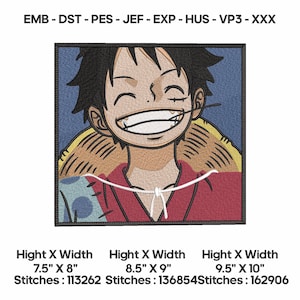 May include: Embroidered patch featuring a smiling anime character with black hair, a straw hat, and a red shirt. The patch is rectangular with a black border. Available sizes are 7.5" x 8", 8.5" x 9", and 9.5" x 10".