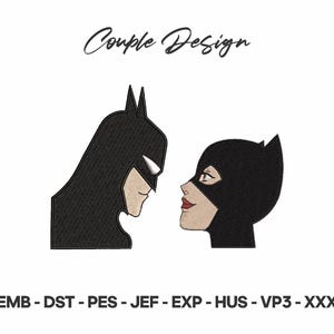 May include: An embroidered design featuring Batman and Catwoman profiles, facing each other. Batman is in a black cowl with a tan face and white eyes. Catwoman is in a black mask with red lipstick and tan skin. The text "Couple Design" is above the image.