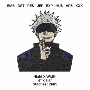May include: Embroidered design of a character with white spiky hair, a black blindfold, and a black jacket. The design is 10.16 cm by 9.14 cm and has 21415 stitches. The text at the top reads EMB - DST - PES - JEF - EXP - HUS - VP3 - XXX.