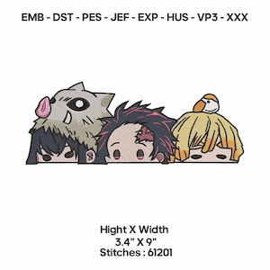 May include: Embroidered design of three anime characters with detailed faces and hair. The design includes the text "Hight X Width 3.4" X 9" Stitches: 61201" and file type codes. The design is approximately 8.6 cm high and 22.9 cm wide.