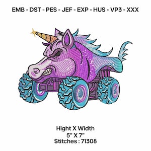 May include: An embroidered design of a purple and blue monster truck with a unicorn head. The unicorn has an angry expression and a golden horn. The design is 5" x 7" and has 71308 stitches.