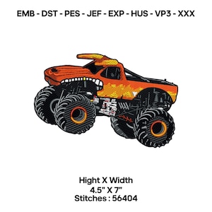 Pode incluir: Um monster truck laranja com pneus pretos e uma grelha com dentes brancos. O caminhão tem um design de chama na cabine. O texto na parte inferior diz "Hight X Width 11.4 cm X 17.8 cm Stitches: 56404".