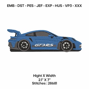 May include: A blue sports car with the text "GT3RS" on the side. The car has a spoiler and black wheels. The image also includes the dimensions: 2.1" X 7".