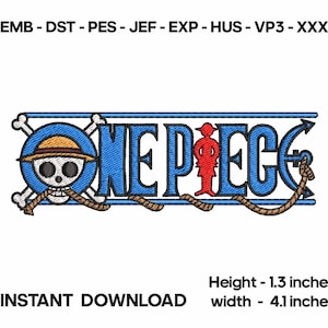 Könnte beinhalten: Gesticktes One Piece-Logo in Blau, Braun und Rot. Das Design beinhaltet einen Totenkopf mit Strohhut, das Wort "ONE PIECE" und ein Seil. Der Text "SOFORT-DOWNLOAD" steht darunter. Höhe 3,3 cm, Breite 10,4 cm.