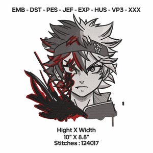 May include: An embroidered design of a manga-style character with black and white hair, a red headband, and a determined expression. The design includes red accents and black ink-like splatters. The dimensions are 25.4 cm x 22.35 cm.