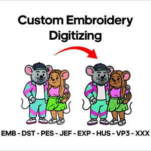 May include: Illustration promoting custom embroidery digitizing services. The image features two cartoon mice, one male and one female, in colorful outfits. Text at the top reads "Custom Embroidery Digitizing". Below the image are embroidery file formats.
