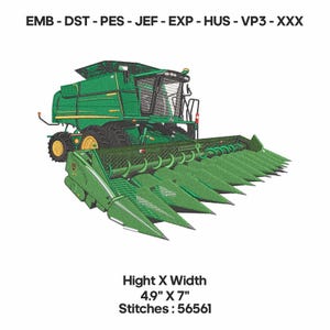 Op de afbeelding: Een geborduurd ontwerp van een groene en gele combine harvester. Het ontwerp bevat de tekst "EMB - DST - PES - JEF - EXP - HUS - VP3 - XXX". Het ontwerp is 12,4 cm hoog en 17,8 cm breed, met 56561 steken.