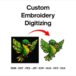 May include: Image featuring the text "Custom Embroidery Digitizing" above two illustrations of a hummingbird wearing sunglasses and dollar bill wings. The hummingbird is green, yellow, and black. The image also includes file format abbreviations.