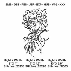 May include: Black and white illustration of a character with spiky hair and a determined expression. The image includes text indicating dimensions of 8" x 4", 9" x 4.9", and 10" x 5.5", along with stitch counts for embroidery.